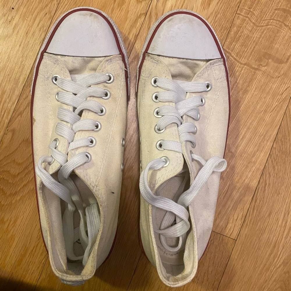 Cream High-Top Sneakers with Red Trim